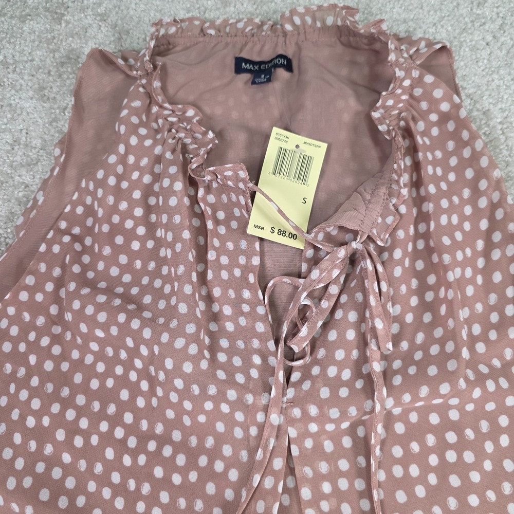 Max Edition Blouse Women Small Dusty Rose Polka Dot Ruffle Tie Neck 6707V36